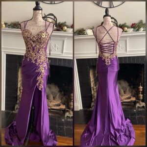 Corset gold and purple mermaid prom dress with gold lace appliqués
